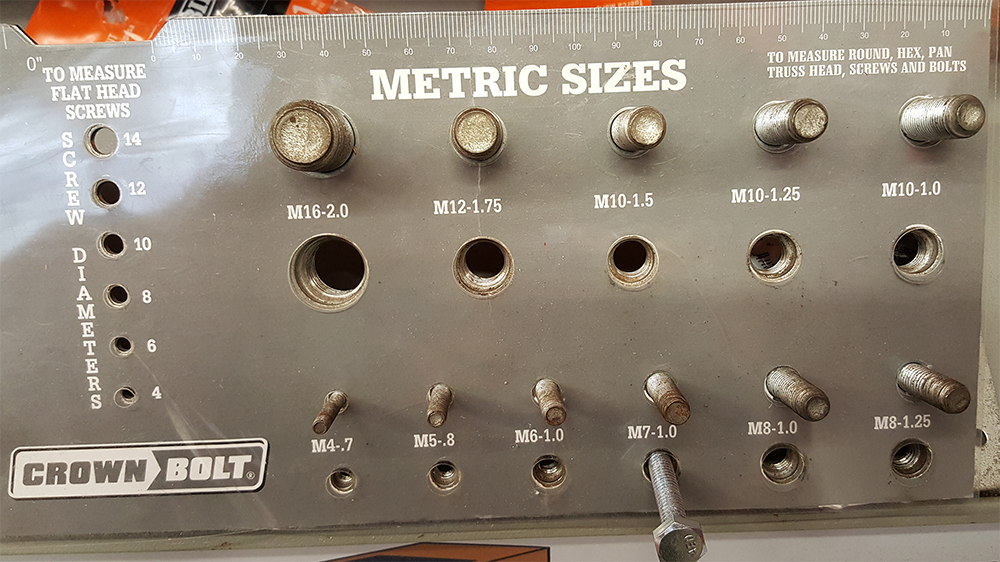 Metric measurement board for metric bolts