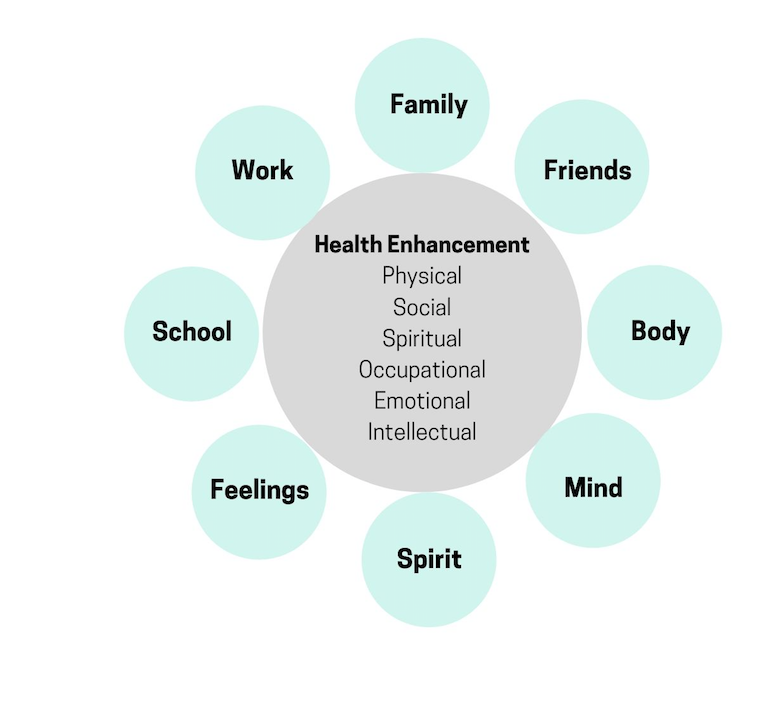 Health Enhancement - physical, social, spiritual, occupational emotional, intellectual; family, friends, body, mind, spirit, feelings, school, work