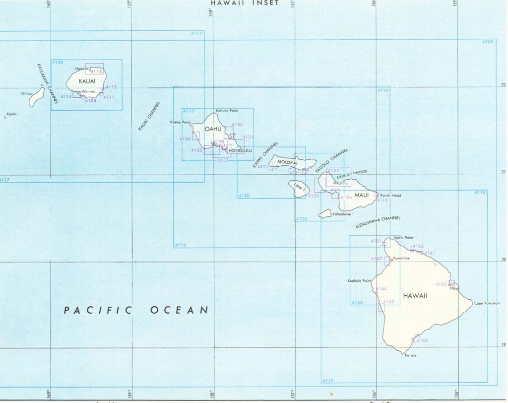 Image shows rectangles representing nautical charts of the Hawaiian Islands.