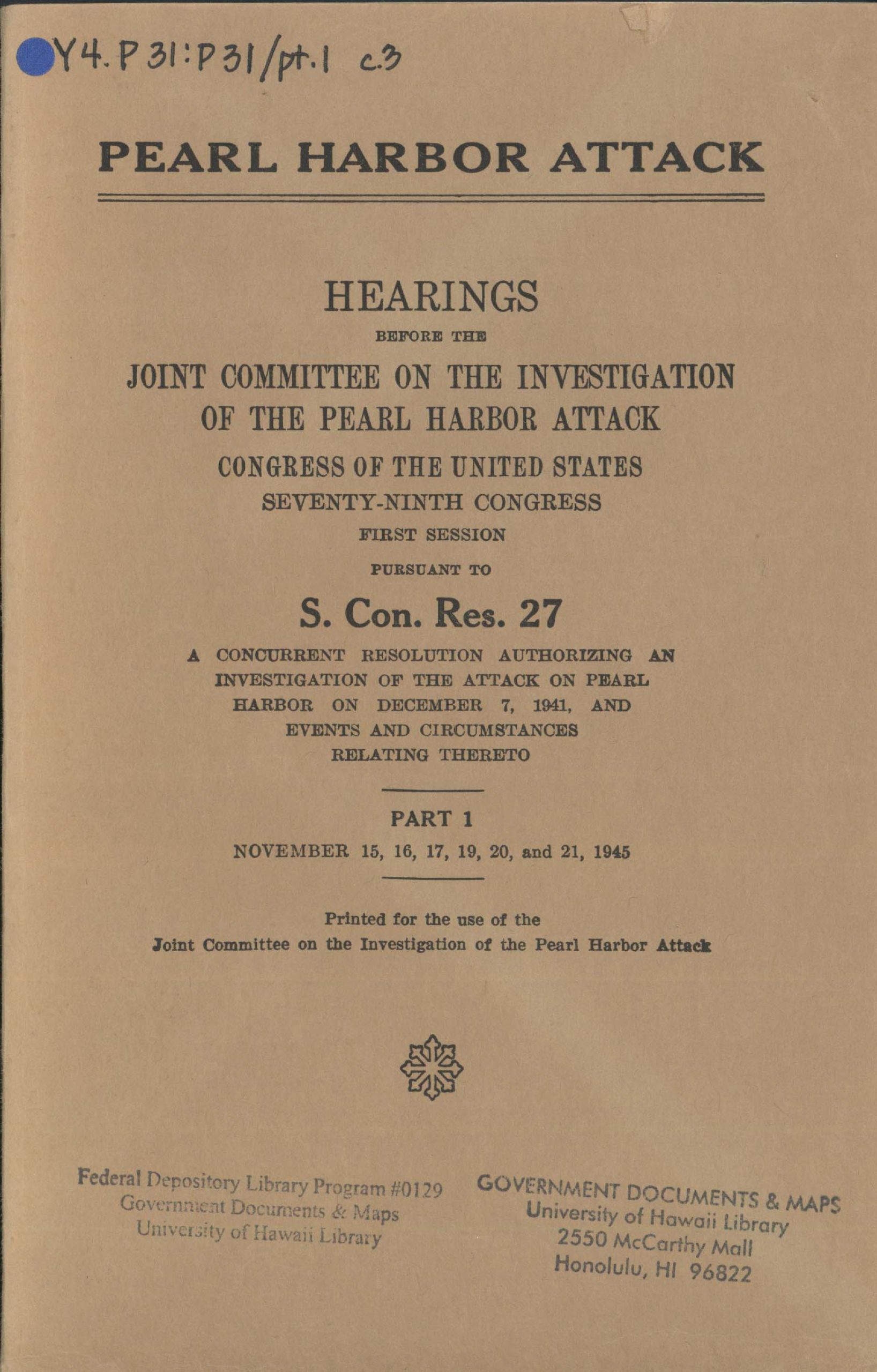 Cover of a volume of the Pearl Harbor attack hearings