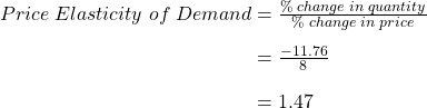  \begin{array}{r @{{}={}} l}Price\;Elasticity\;of\;Demand & \frac { \%\;change\;in\;quantity }{ \%\;change\;in\;price } \\[1em] & \frac { -11.76 }{ 8 } \\[1em] & 1.47 \end{array}